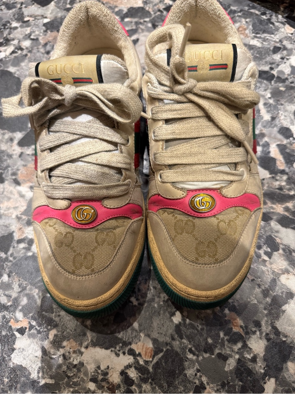 Gucci Beige Sneakers with Pink and Green Accents and Gold GG